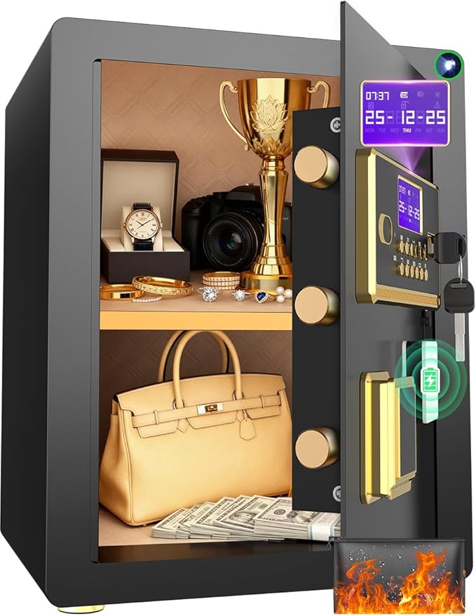 Security Safe with Digital Keypad & Alarm System - Electronic Lock Box for Jewelry Cash with Adjustable Shelves - Includes LED Light & Fireproof and Waterproof Bag(0.8/1.0/1.3/1.53/2.5Cuft)