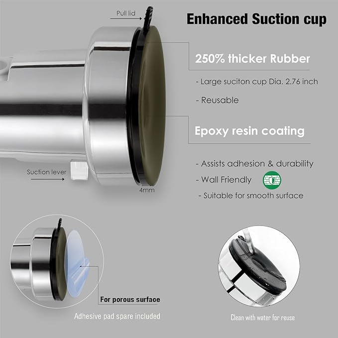 Suction Cup Hand held Shower Head Holder- 5 Angles Adjustable -Reusable -Bathroom Wall Mount Shower Wand Holder - (Polished Chrome)