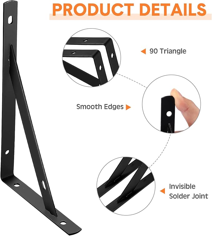 Nuogo 40 Pack Heavy Duty Shelf Brackets Bulk Metal Floating Shelving Support Wall Mounted 90 Degree Triangle Corner L Brackets for Garage with Hardware, Black (8 Inch)