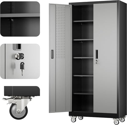 Aobabo Upgrade 71H''*32''W*16''D Metal Garage Storage Cabinet with Wheels and Pegboards, 5 Adjustable Shelves Steel Storage Cabinets for Home,Warehouse,Garage,Assembly Required,Black Gray
