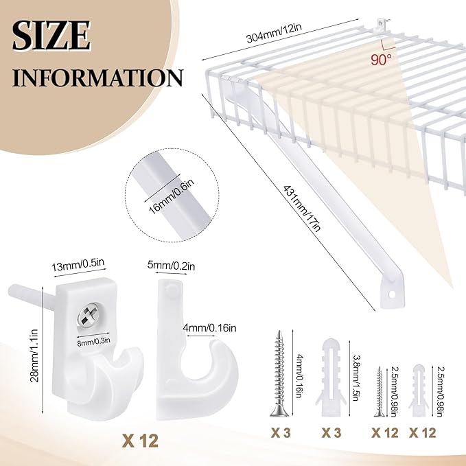 3 Pack 12 Inch Support Brackets for Wire Shelving Wire Shelf Brackets +12 Pcs Wire Shelf Clips, with Anchors and Pins for Installation Wire Shelving Support Brackets for Support Closet Wire