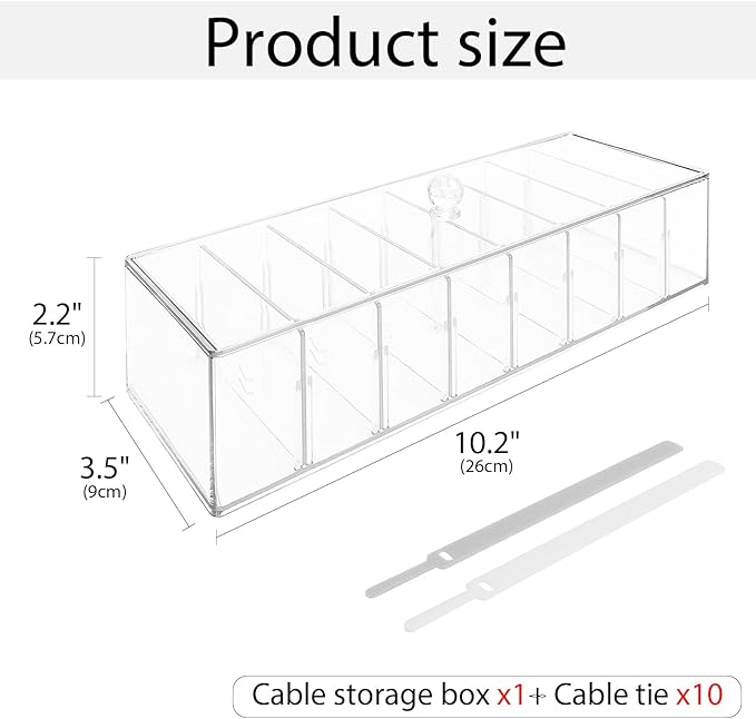 Cable Organizer Box with 10 Wire Ties, Clear Charger Cord Storage Organizer Case, Desktop Drawer Accessories Power Wire Storage with 8 Compartments, Office, Home, Stationery Storage Supplies