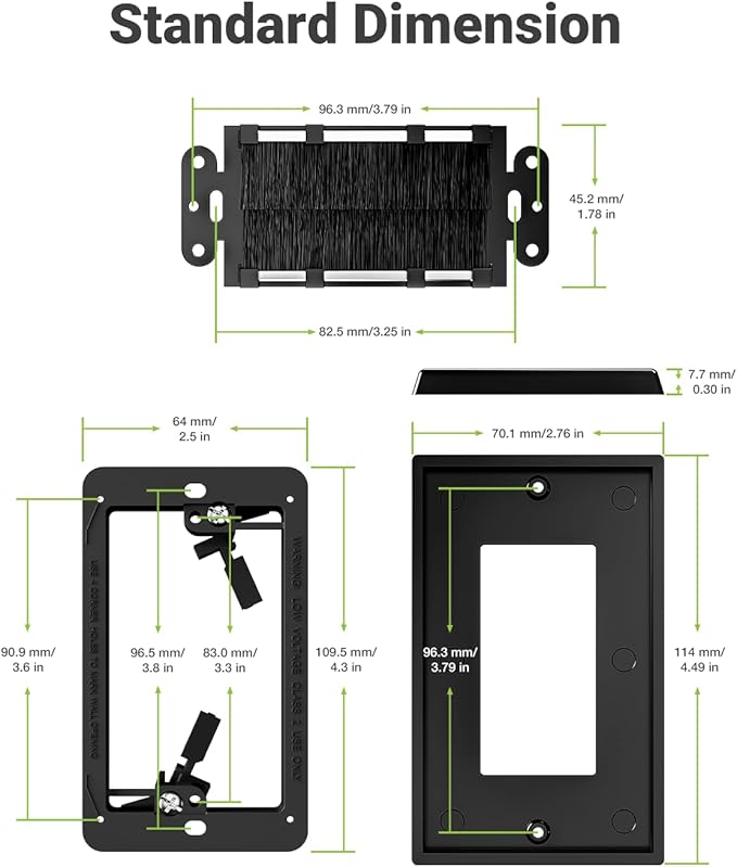 Brush Wall Plate with Mounting Bracket, 4 Pack Cable Pass Through Decorator Cover for Low Voltage Wires, Single Gang Cord Hider for TV Home Theater System, Black