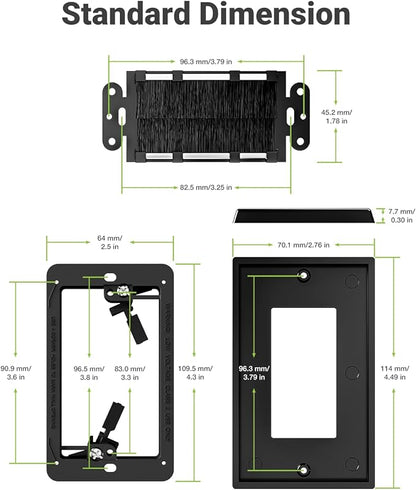 Brush Wall Plate with Mounting Bracket, 4 Pack Cable Pass Through Decorator Cover for Low Voltage Wires, Single Gang Cord Hider for TV Home Theater System, Black
