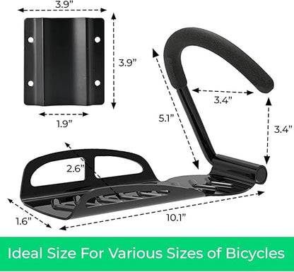 4 Pcs Heavy Duty Bike Wall Mount Hooks with Tire Tray-Vertical Bike Rack with Rubber Coated Hooks for Hanging Road,Mountain,and Hybrid Bicycle and for Garage Storage-Holds Upto 50Lbs