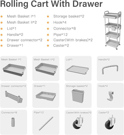 4 Tier Rolling Utility Cart with Drawer,REBECAT Utility Cart Made of Multifunctional Storage Organizer Tool for Kitchen,Bathroom,Living Room,Office(Gray)