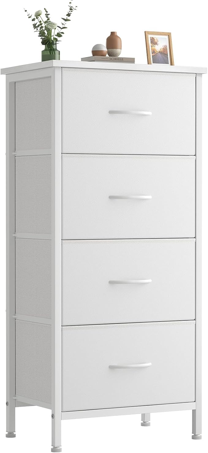 Sweetcrispy 4 Fabric Drawer Small Dresser, Bedside Nightstand with Wooden Top Sturdy Frame, Entryway Closet Bedroom Storage Cabinet Furniture for Dorm,White