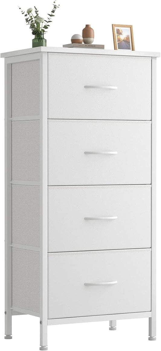 Sweetcrispy 4 Fabric Drawer Small Dresser, Bedside Nightstand with Wooden Top Sturdy Frame, Entryway Closet Bedroom Storage Cabinet Furniture for Dorm,White