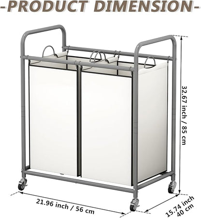 SUOERNUO Laundry Hamper Basket 2 Bag Laundry Sorter Cart with Rolling Removable Bags Laundry Organizer Cart for Clothes Storage, Beige (2 Bags, Beige)