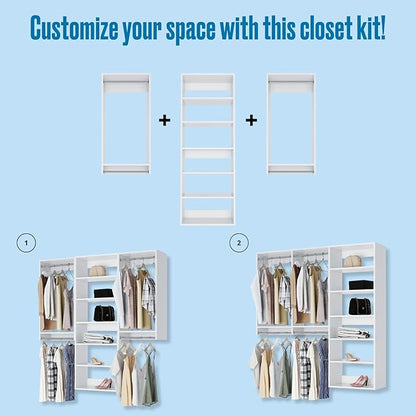 Modular Closets Vista Collection Closet Organizer System - 3 Piece Wall Mounted Kit with Hanging Rods & Shelves, White, Fits Closets 90” or wider