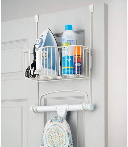 mDesign Steel Metal Over Door Ironing Board Holder with Large Storage Basket for Laundry, Utility, Mudroom, Garage - Holds Iron, Board, Spray Bottles, Starch, Detergent, Fabric Refresher - White