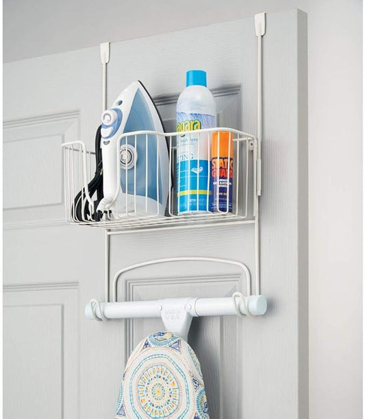mDesign Steel Metal Over Door Ironing Board Holder with Large Storage Basket for Laundry, Utility, Mudroom, Garage - Holds Iron, Board, Spray Bottles, Starch, Detergent, Fabric Refresher - White