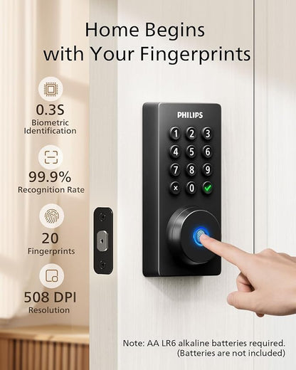 Philips Wi-Fi Door Lock, WiFi Smart Lock Keyless Entry Deadbolt for Front Door, Compatible with Alexa & Google Assistant, Remote Control, Built-in WiFi, APP Fingerprint Passcode Unlock, Auto Locking