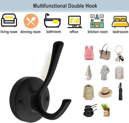 Black Wall Hooks Towel Hooks, 3 Pack Coat Hooks Robe Hook Heavy Duty Metal Double Bath Hook Wall Mounted, Hand Towel Hooks for Entryway Bathroom Kitchen Closet Garage