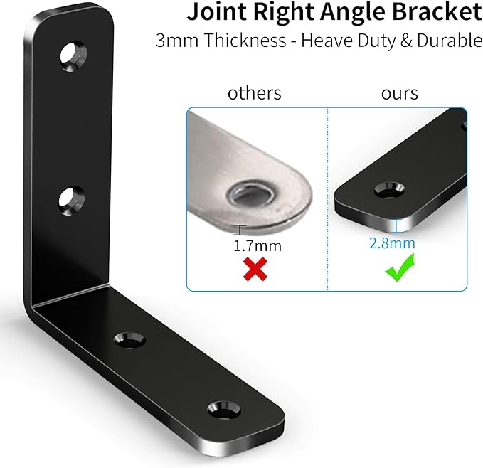 YUMORE L Bracket Corner Brace, 6Pcs 65x65mm Joint Right Angle Brackets Heavy Duty Stainless Steel 90 Degree Bracket Fastener for Wood Shelves Chair Tables Dressers Furniture with Screws, Black