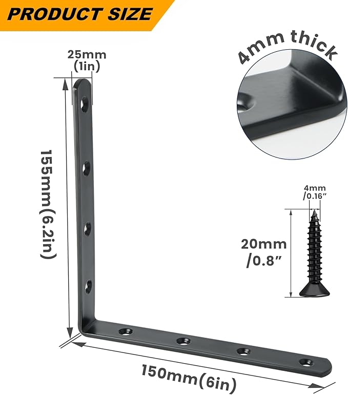 Alise 4 PCS L Brackets Heavy Duty Corner Bracket,6 X6 Inch Black Floating Shelf Brackets for Shelves, Stainless Steel L Shape Wall Mounting Brackets, Metal L Joint Angle Bracket for Wood Shelving