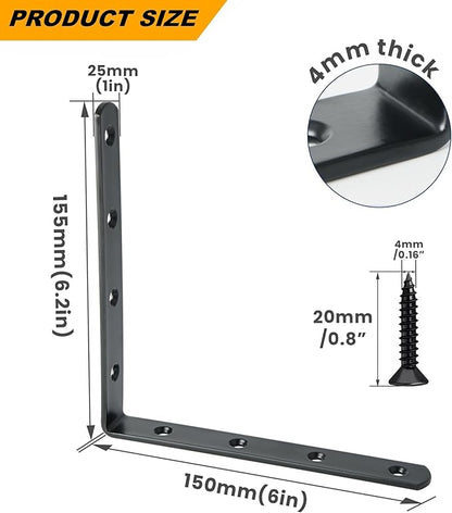 Alise 4 PCS L Brackets Heavy Duty Corner Bracket,6 X6 Inch Black Floating Shelf Brackets for Shelves, Stainless Steel L Shape Wall Mounting Brackets, Metal L Joint Angle Bracket for Wood Shelving