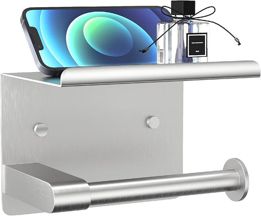 Brushed Nickel Toilet Paper Holder Wall Mount, Fits Mega Rolls Size Sliver Toilet Paper Holder with Shelf, Rustproof Stainless Steel Toilet Paper Roll Holder, Toilet Tissue Holder for Bathroom
