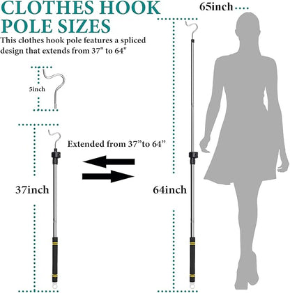 Clothes Hanger Reaching Hook Telescopic Adjustment clothes hook pole Light and can Extend from 37" to 65" with 4.7 "Hook and Sponge Handle.