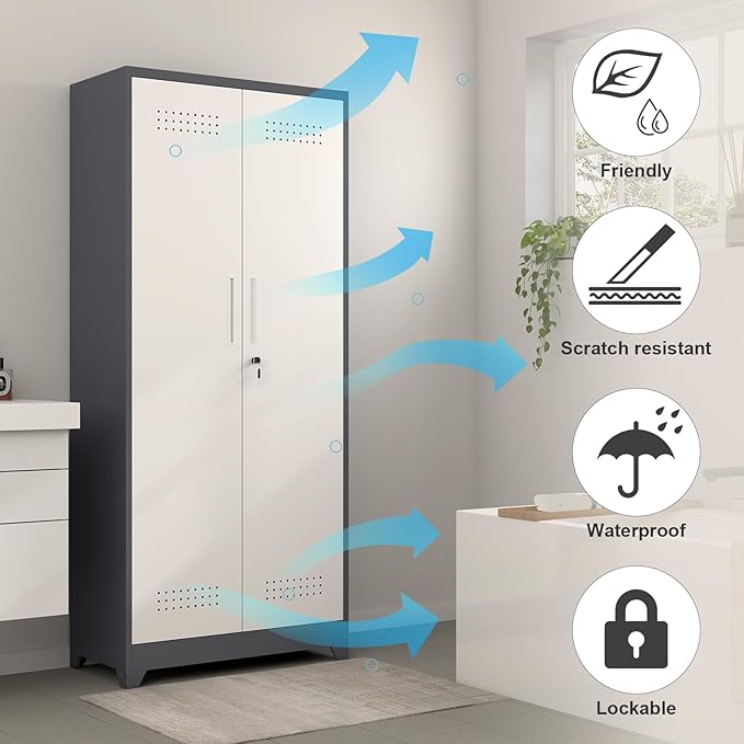GREATMEET Tall Metal Utility Storage Cabinet for Cleaning Supplies & Tools, Garage Organizer with Adjustable Shelves, Pegboard Back Panel & Tool Hanging Bars, Grey White