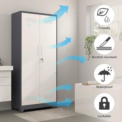 GREATMEET Tall Metal Utility Storage Cabinet for Cleaning Supplies & Tools, Garage Organizer with Adjustable Shelves, Pegboard Back Panel & Tool Hanging Bars, Grey White