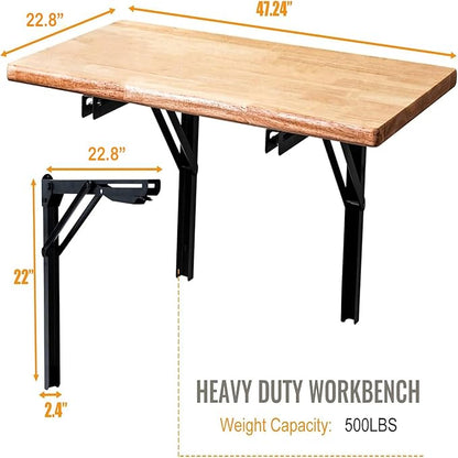 Wallmaster Wall Mounted Folding Workbench Heavy Duty Fold Down Table Utility Bench Solutions Laundry Shelf Wall Desk with Metal Shelf Bracket (47.24 x 19.68 x 24 Inch)