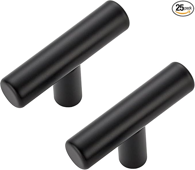 25 Pack Matte Black Cabinet Knobs - Kitchen Cabinet Knobs Black Cabinet Pulls for Kitchen Cabinet Drawer Stainless Steel Dresser Knobs for Cabinet Hardware 2in Length Single Hole T Bar