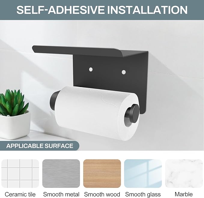 SetSail Toilet Paper Holder with Shelf Adhesive or Screw Bathroom Toilet Paper Roll Holders Wall Mount Matte Black Tissue Holder for Bathroom Hardware Accessories