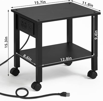 2 Tier Under Desk Printer Stand with Storage, Small Printer Table with Charging Station, Rolling Printer Cart Shelf with Lockable Wheels for Home, Office (Black)