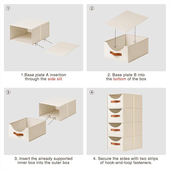 Stackable Storage Drawers - Collapsible Storage Bins with Drawers, 4 Pack Closet Shelf Organizer Basket, Fabric Pull Out Organizer for Bedroom, Living Room, Dorm, Beige