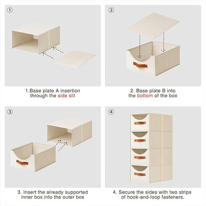 Stackable Storage Drawers - Collapsible Storage Bins with Drawers, 4 Pack Closet Shelf Organizer Basket, Fabric Pull Out Organizer for Bedroom, Living Room, Dorm, Beige