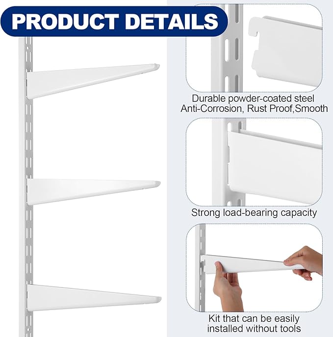 8 Pcs White Twin Rail Upright Wall Shelving System 25 Inch with Adjustable Shelf Bracket 11.5 Inch Heavy Duty Storage Rack Metal Support System for Kitchen Closet Home Indoor