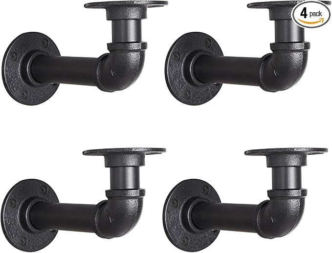 Industrial L Pipe Shelf Brackets for 8-16 in Depth Wood Heavy-Duty 3/4" Iron,Wall Mount Floating Shelf Bracket L Metal Pipe Shelving Brackets for Wood-Black DIY Pipe Shelves(7.5*3.1 Inch 4 Pack)