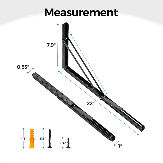 Home Expert 22 Inch Folding Shelf Brackets, 2 Pack (1 Pairs) Heavy Duty Metal Collapsible Wall-Mounted Brackets, Space-Saving DIY Foldable Shelf for Benches and Tables, Matte Black
