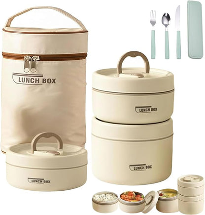 Portable Insulated Lunch Container Set, 4 Tier Separate Stackable Stainless Steel Lunch Container with Insulated Lunchs Bag, Bento Box Hot Food Lunch Containers to Microwave (Beige, 3-Tier)