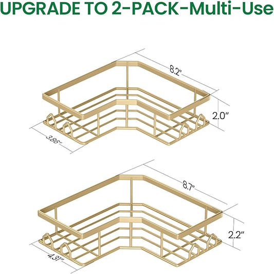 Adhesive Shower Caddy, 2 Pack Corner Bath Organizer, Rustproof Stainless Steel Shower Shelves with Large Capacity, No Drilling Shelves for Bathroom Storage, Home, Kitchen Decor (Gold).