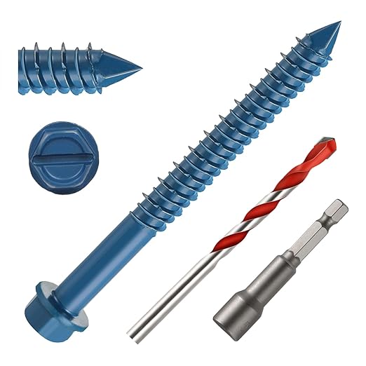 1/4" x 3" Concrete Screws, 50 PCS Blue Hex Washer Head Concrete Screws Anchor Kit with Drill Bit and Hex Bit Socket, for Masonry, Cement, Block, Brick or Stucco