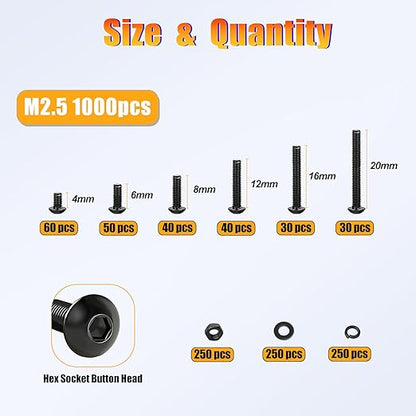 Kadrick Metric Screw Assortment, 1000PCS Metric Bolt Assortment Kit M2.5 Machine Screws with Lock & Flat Washers, Grade 10.9 Alloy Steel Hex Socket Button Head Black Screws Nuts and Bolts Kit