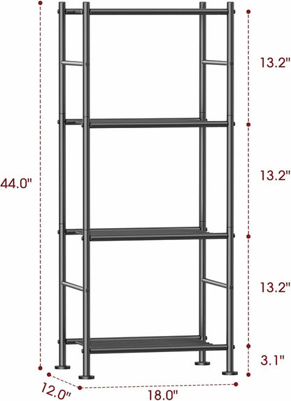 Storage Shelves - 4 Tier Shelf Organizer, Sturdy Metal Garage Shelving with Adjustable Leveling Feet, Space-Saving Shelves Organizer for Pantry, Laundry, Kitchen (18" x 12" x 44", Black)