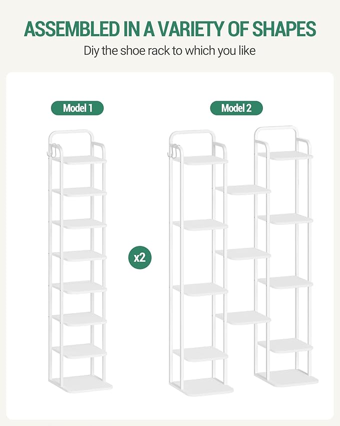 8 Tiers Vertical Shoe Rack, Narrow Shoe Tower, Tall Shoes Shelf with 2 Hooks, Adjustable Shelves, Corner Shoes Shelves for Small Spaces, Entryway, Living Room, White SR04313W