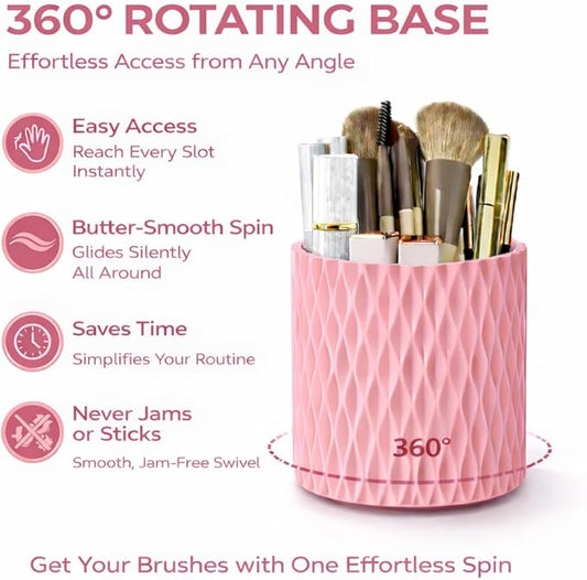 360° Rotating Makeup Brush Holder, 5-Slot Cosmetic Organizer Cup for Vanity, Desk & Bathroom Countertop, Pink