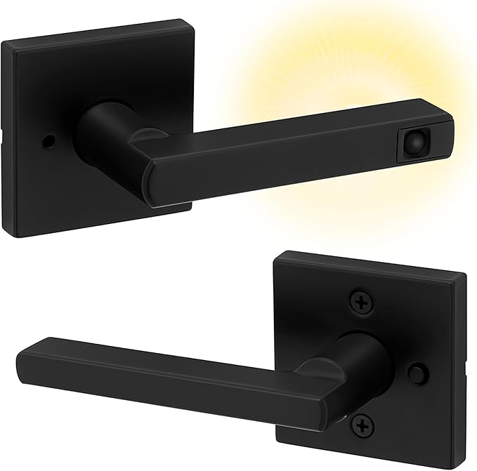 Kwikset Halifax LED Motion Activated Light Up Privacy Door Lever for Bathroom and Bedroom, Matte Black, Reversible Keyless Push Button Lock Door Lever, with Microban Protection