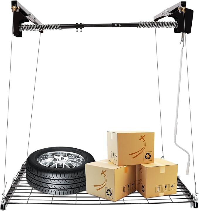 Garage Lifting Storage Rack, 300lbs Adjustable Overhead Garage Storage Rack Heavy-duty 4x4 FT Garages Ceiling Storage Lift Max. Adjustable Height 79in (Satin Black 300Lbs)