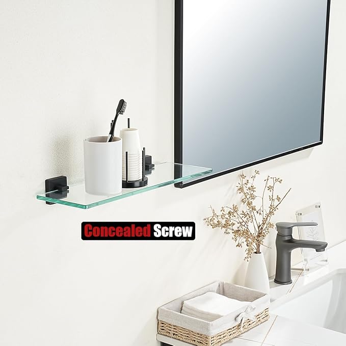 JQK Bathroom Glass Shelf Black, Tempered Glass Shower Storage 16 by 5 inches, 304 Stainless Steel Matte Black Wall Mount, TGS201L16-PB