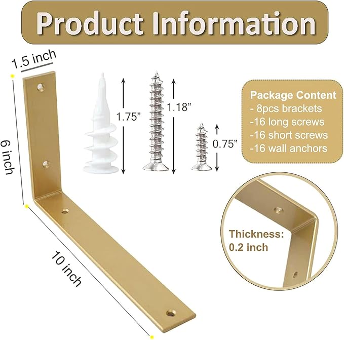 Shelf Brackets 10 Inch Wall L Brackets 8PCS Heavy Duty for Shelves Metal Gold Rustic Industrial Brackets for DIY Opening Shelves Project Hardware Included