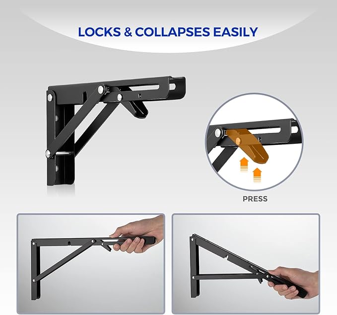 Ravinte 4 Pack 12 Inch Folding Shelf Brackets – Matte Black, Heavy Duty Collapsible Brackets for Tables and Benches – Space-Saving Design