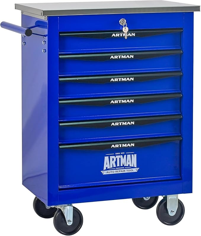 6-Drawer Rolling Tool Chest with Stainless Steel Countertop,Tool Chest with Secure Locking System,Mobile Storage Tool Cabinet with 360°Wheels and Padded Feet,for Home,Garage (Blue)