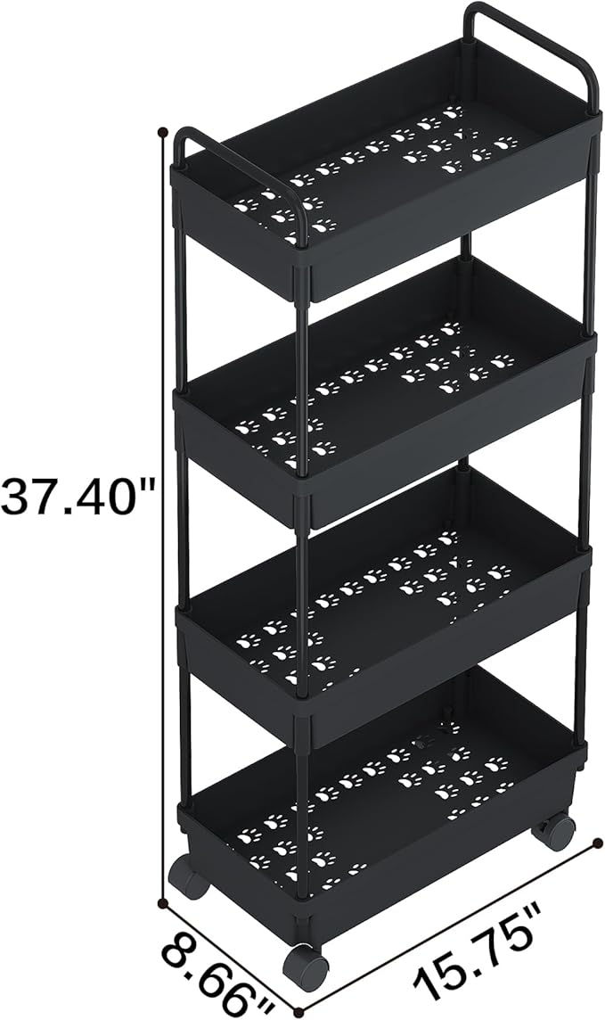 Buzowruil Rolling Storage Cart 4 Tier Organizer Mobile Shelving Unit Storage Rolling Utility Cart with Wheels for Kitchen Bathroom Laundry,Black