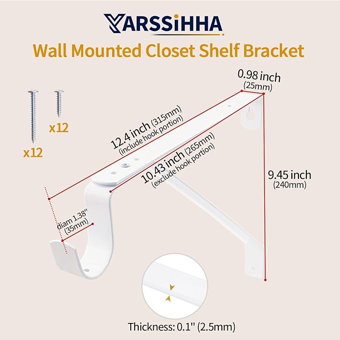 Yarssihha 6 Pack Adjustable Closet Rod Bracket, Wall Mounted Closet Shelf Bracket, White Closet Rod Support Bracket with Screws