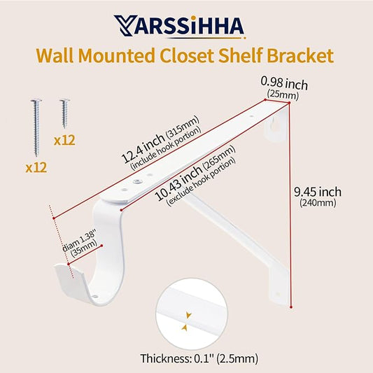 Yarssihha 6 Pack Adjustable Closet Rod Bracket, Wall Mounted Closet Shelf Bracket, White Closet Rod Support Bracket with Screws